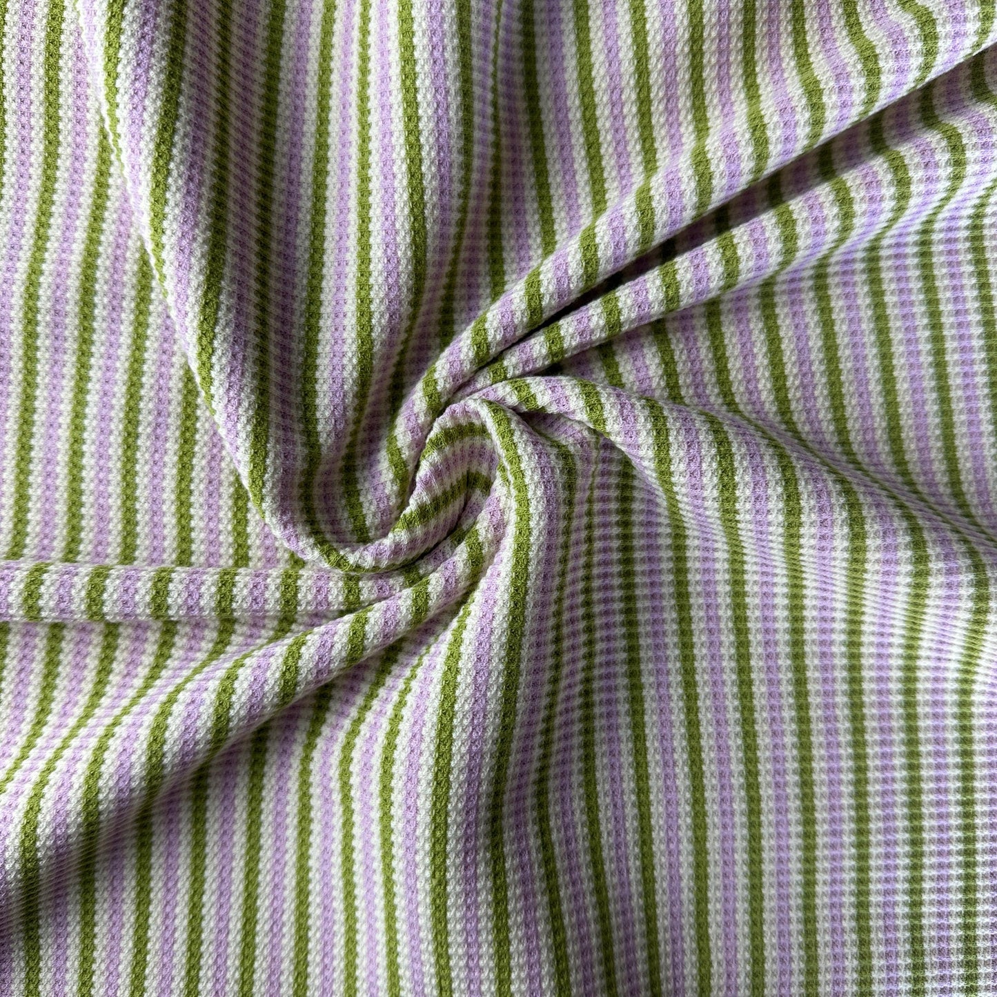 Cotton Striped Baby Thermal Fabric – Green, Purple, White 9 oz | Soft Waffle Knit 5% Spandex by the Yard