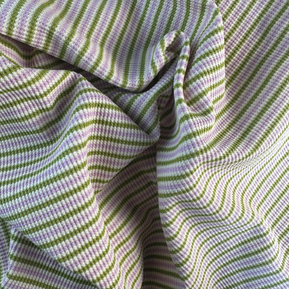 Cotton Striped Baby Thermal Fabric – Green, Purple, White 9 oz | Soft Waffle Knit 5% Spandex by the Yard
