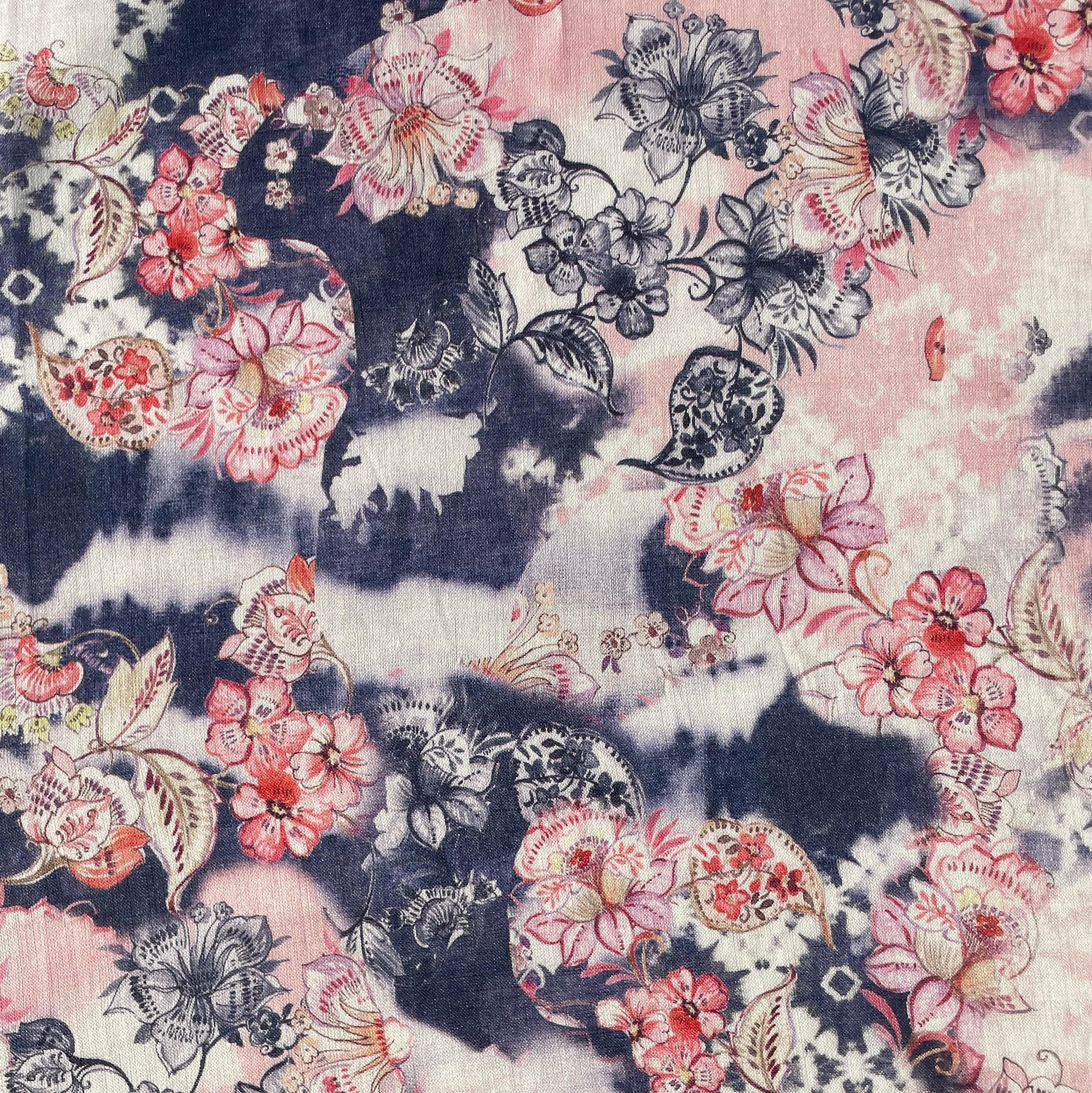 100% Linen Lightweight Japanese Denim Blue Floral Patterned Denim, Linen Voile by the Yard - Fabric for Sewing, Crafts, and Dressmaking