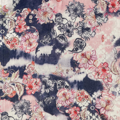 100% Linen Lightweight Japanese Denim Blue Floral Patterned Denim, Linen Voile by the Yard - Fabric for Sewing, Crafts, and Dressmaking