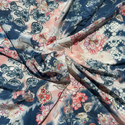100% Silk Japanese Lightweight Denim Blue, Pink Floral Silk Fabric by the Yard - Luxury Material for Sewing, Dressmaking, and Crafts