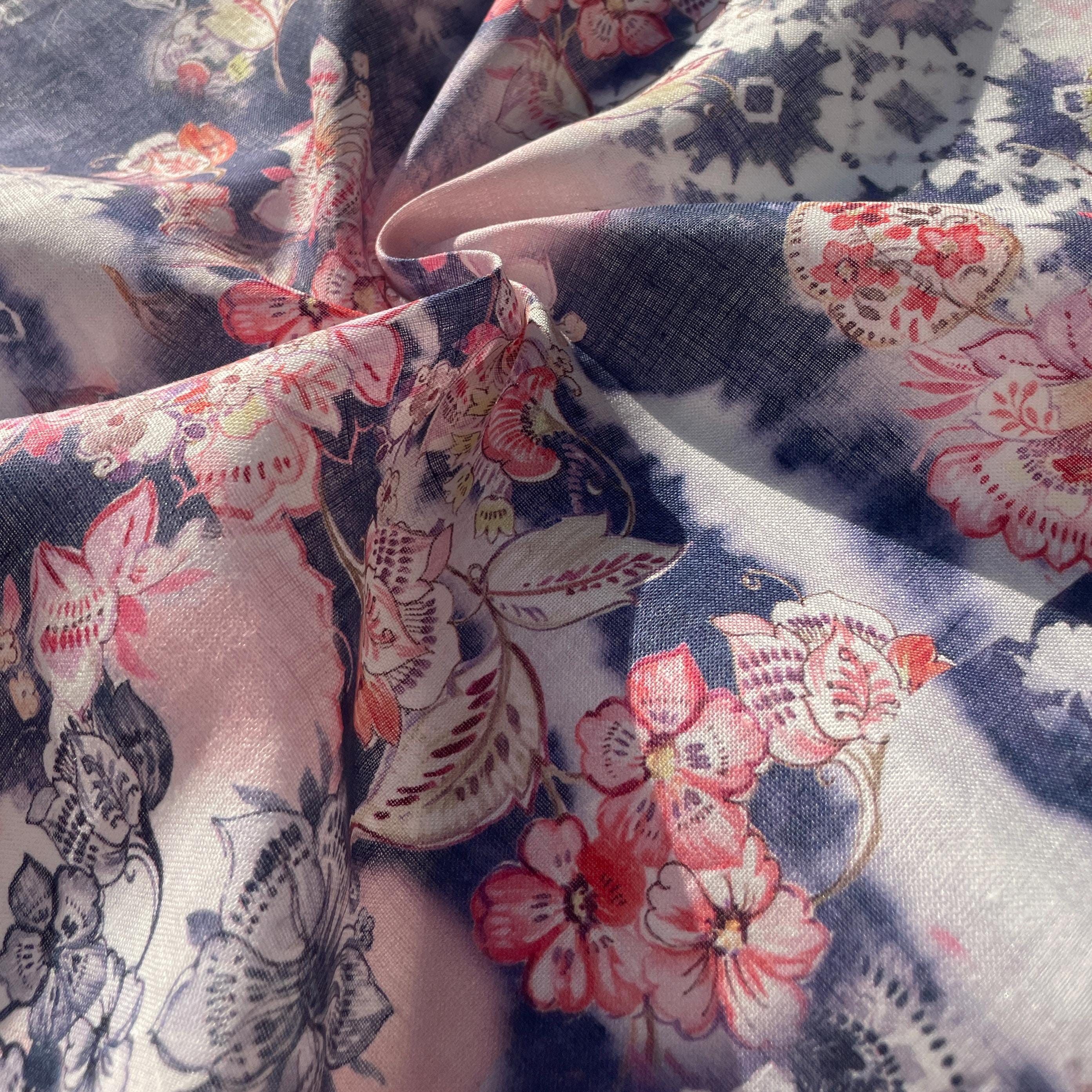 100% Linen Lightweight Japanese Denim Blue Floral Patterned Denim, Linen Voile by the Yard - Fabric for Sewing, Crafts, and Dressmaking