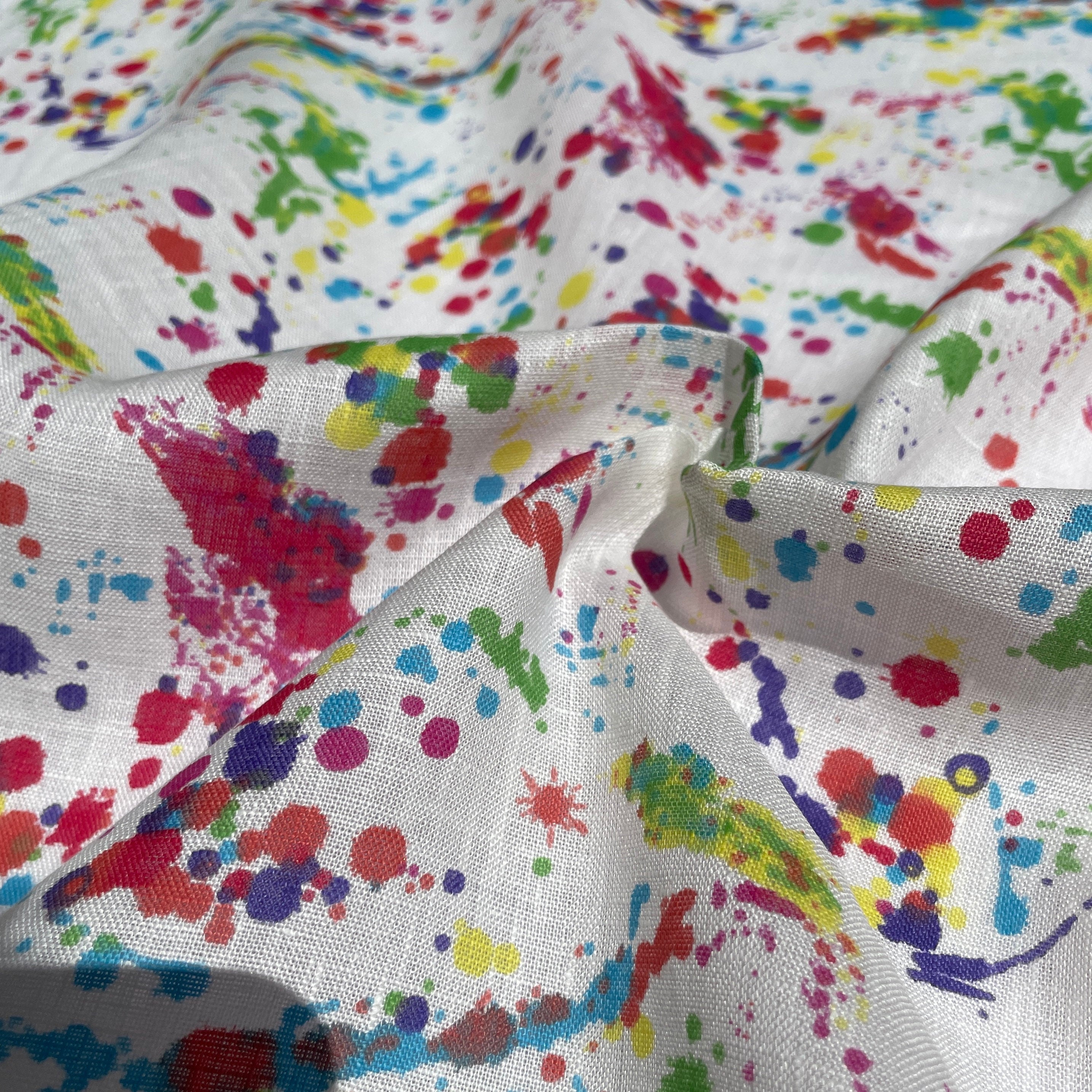 100% Linen 5 Oz Splatter Paint White Woven Fabric By The Yard