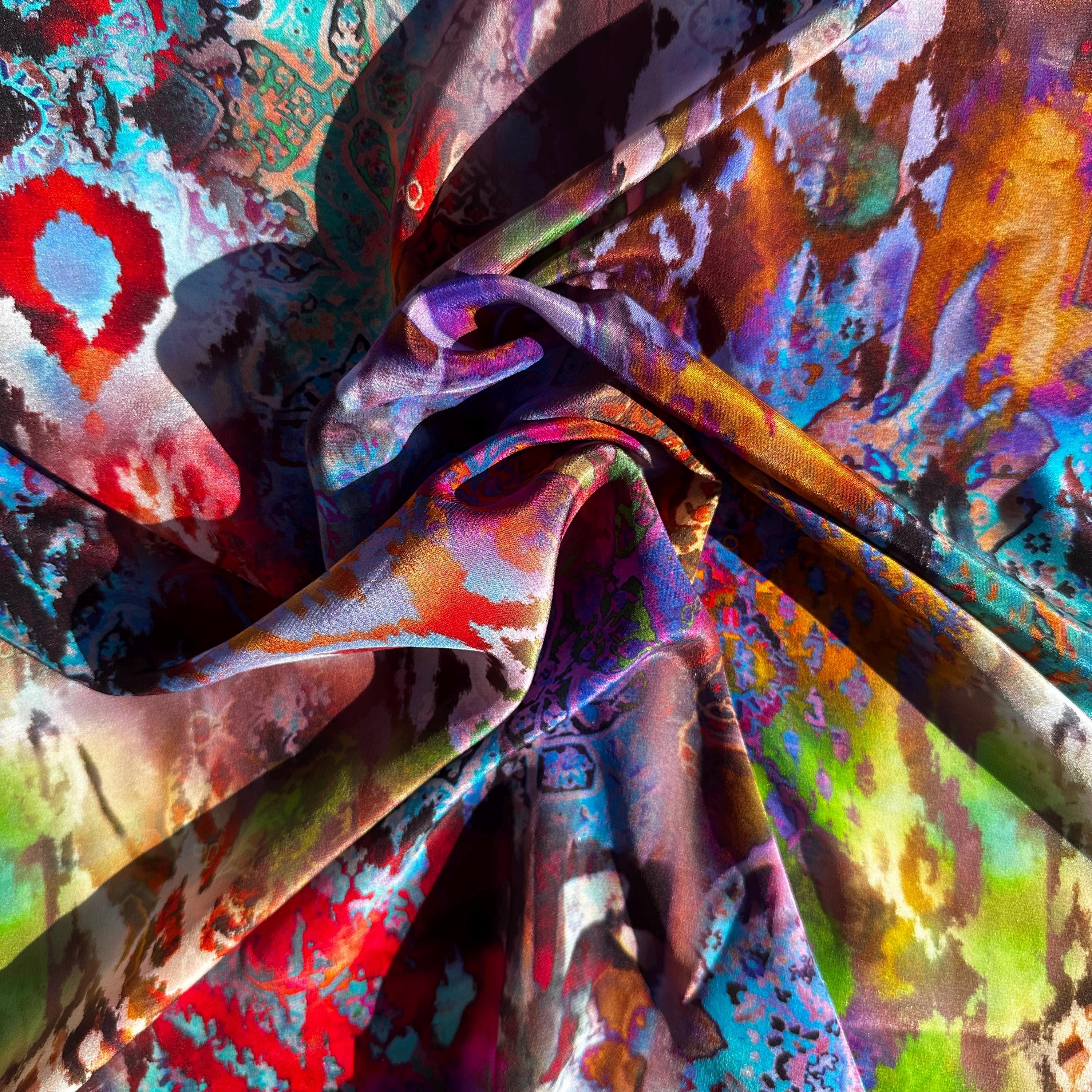 100% Silk Lightweight Patterned Blue Red Fabric By The Yard - Soft and Breathable Fabric for Sewing, Crafts, and Dressmaking