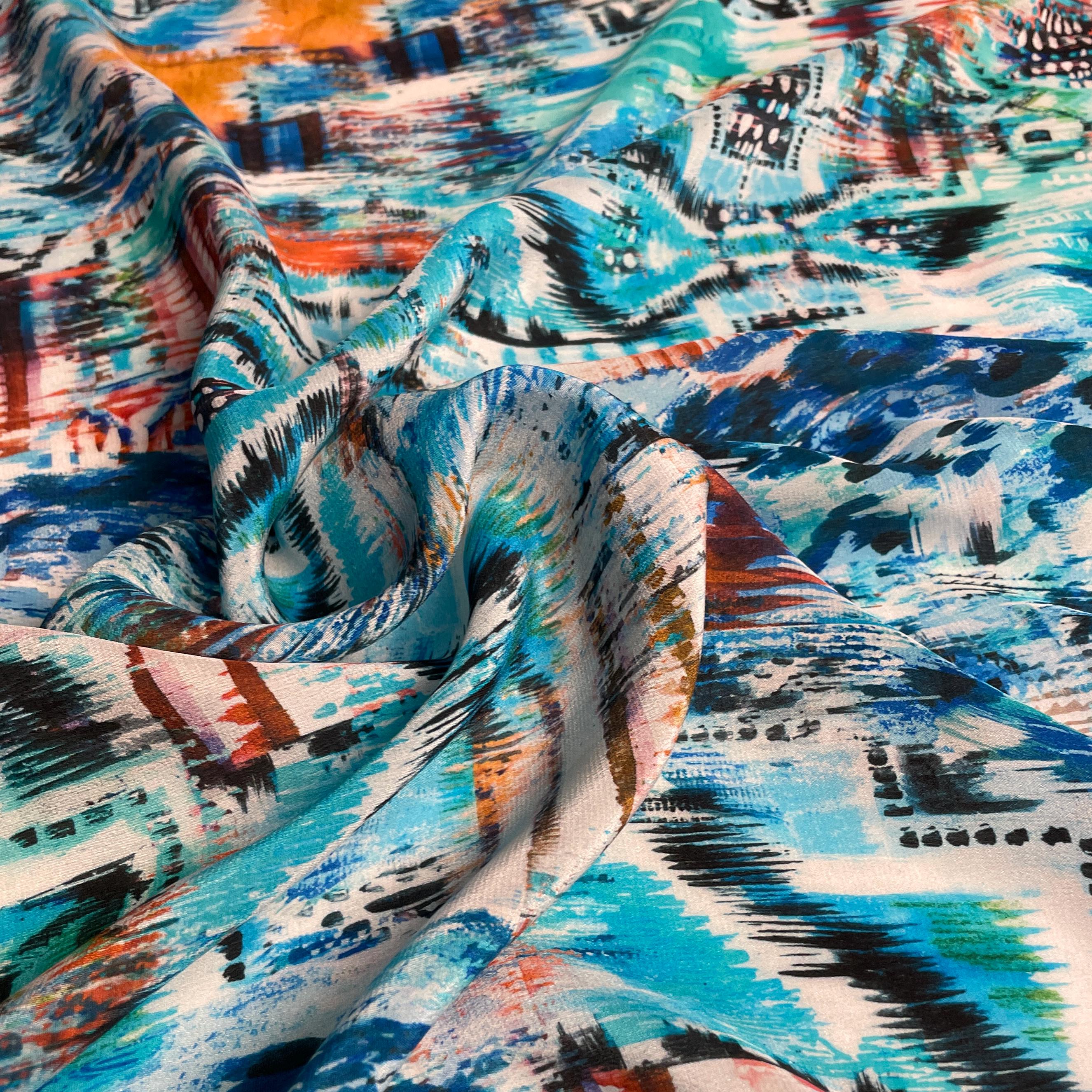 100% Silk Japanese Lightweight Blue Abstract Geometric Pattern Silk Fabric by the Yard - Luxury Material for Sewing, Dressmaking, and Crafts