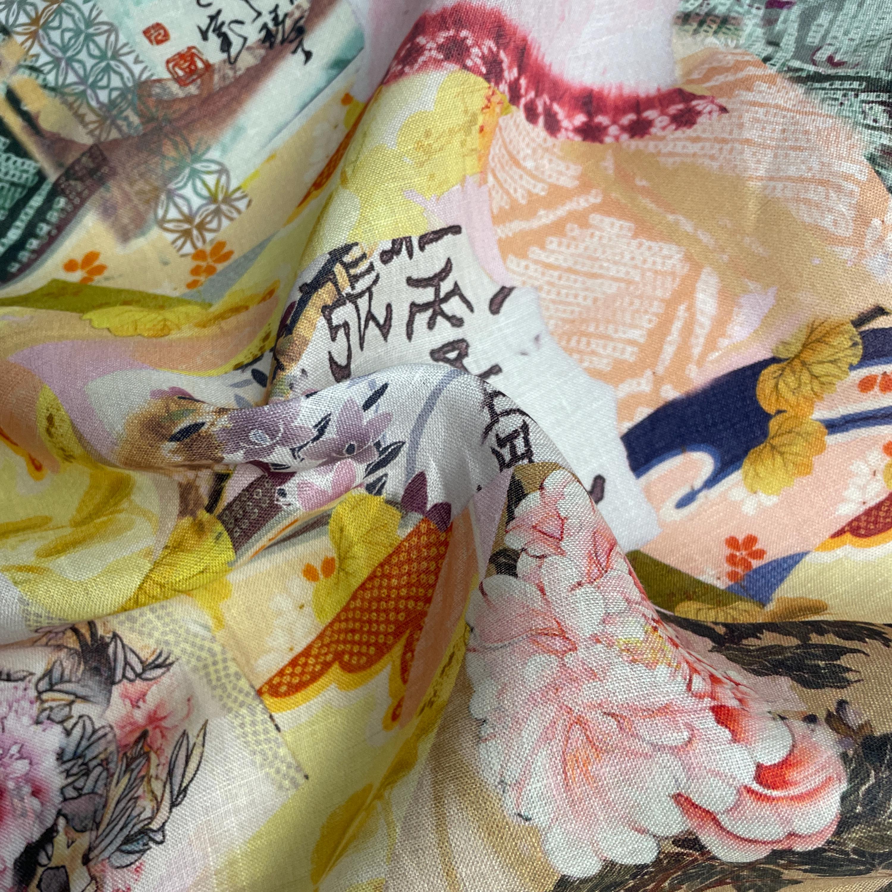 100% Linen Lightweight Japanese Pattern, Linen Voile by the Yard - Soft and Breathable Fabric for Sewing, Crafts, and Dressmaking