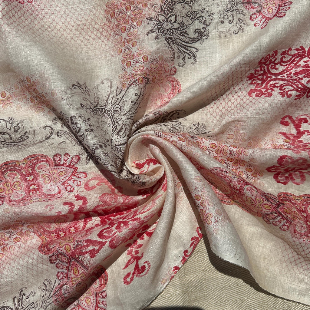 100% Lightweight Linen Voile Cream, Red Japanese Patterned Floral by the Yard - Fabric for Sewing, Crafts, and Dressmaking.