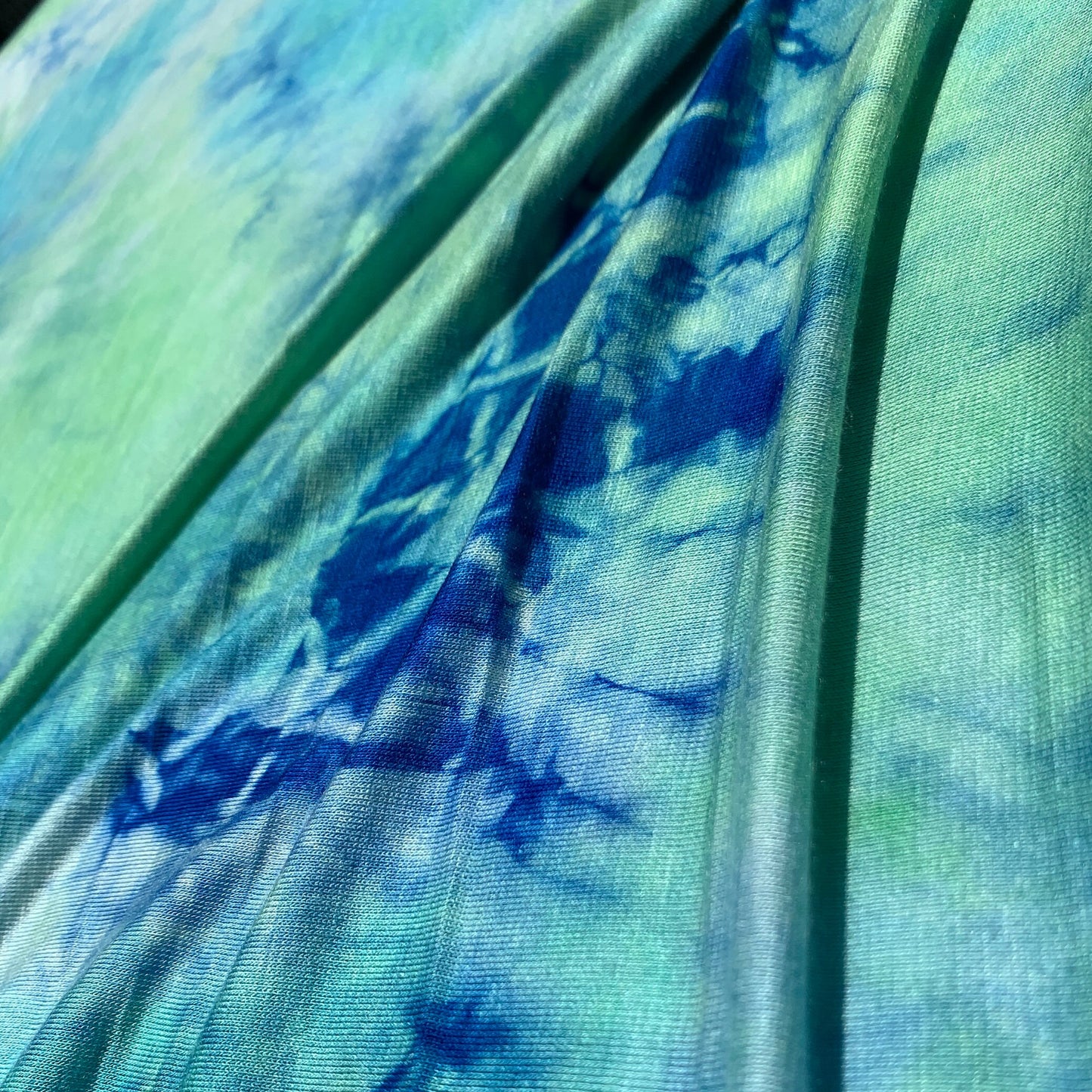 Bamboo Spandex Jersey Knit Blue, Green, & White Cloud Tie Dye Splash 60" Eco-Friendly Fabric By The Yard