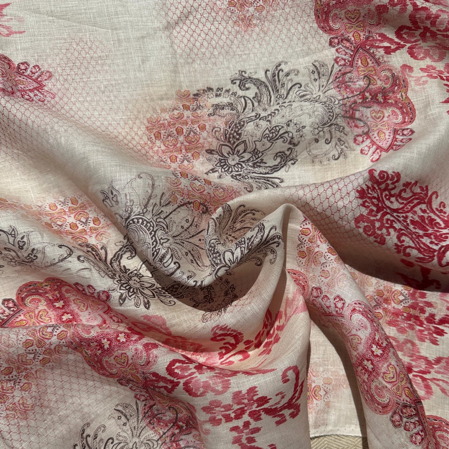 100% Lightweight Linen Voile Cream, Red Japanese Patterned Floral by the Yard - Fabric for Sewing, Crafts, and Dressmaking.