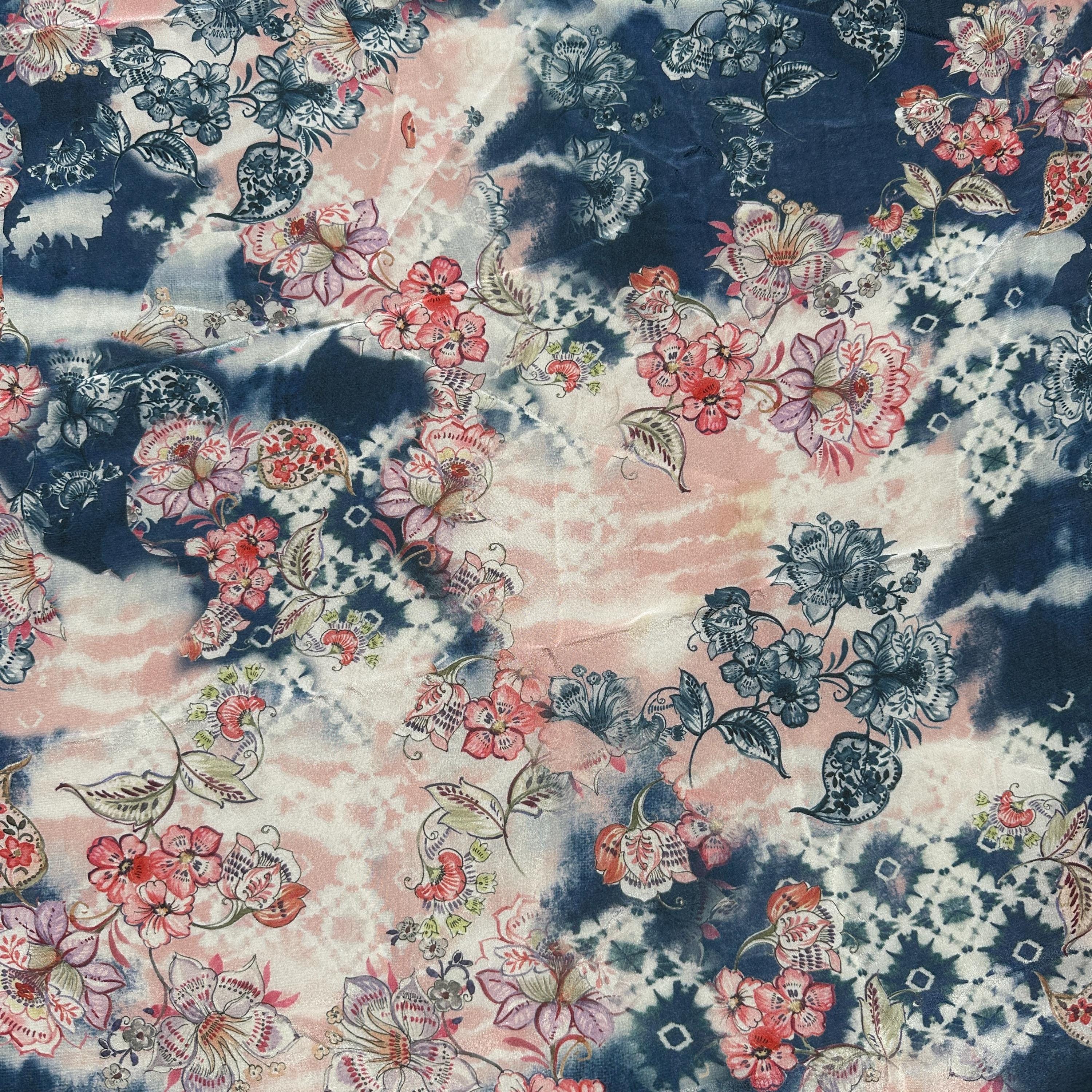 100% Silk Japanese Lightweight Denim Blue, Pink Floral Silk Fabric by the Yard - Luxury Material for Sewing, Dressmaking, and Crafts
