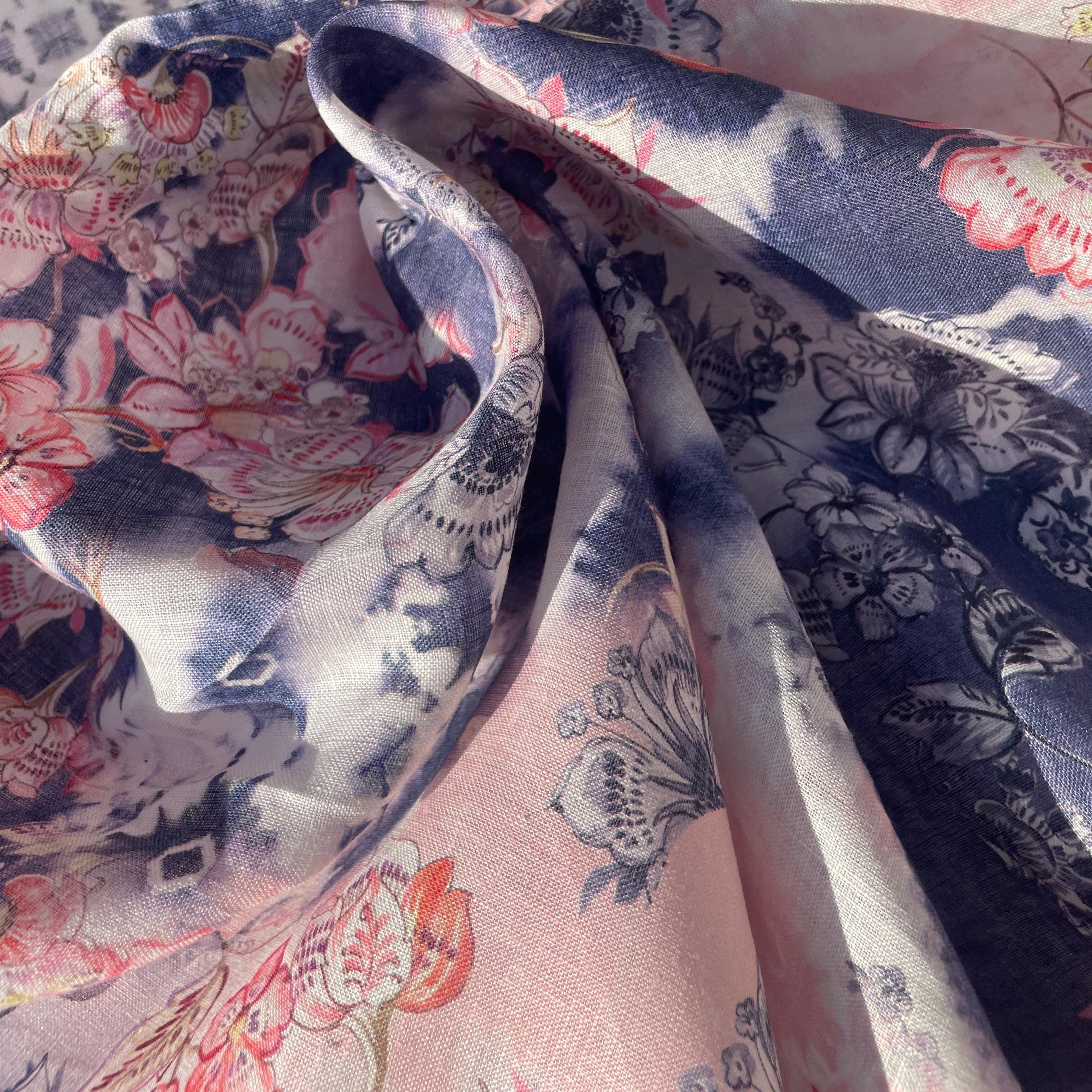 100% Linen Lightweight Japanese Denim Blue Floral Patterned Denim, Linen Voile by the Yard - Fabric for Sewing, Crafts, and Dressmaking