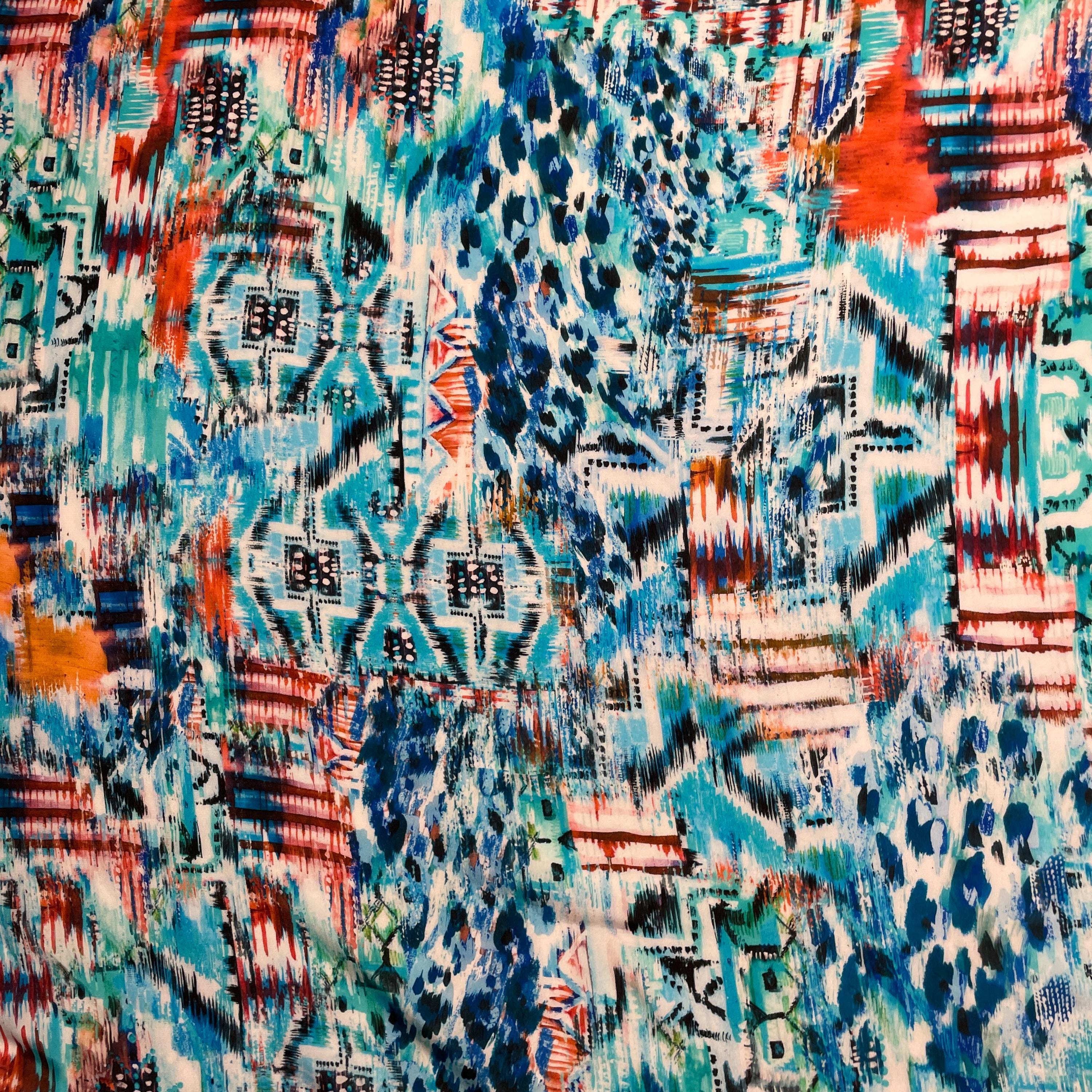 100% Silk Japanese Lightweight Blue Abstract Geometric Pattern Silk Fabric by the Yard - Luxury Material for Sewing, Dressmaking, and Crafts