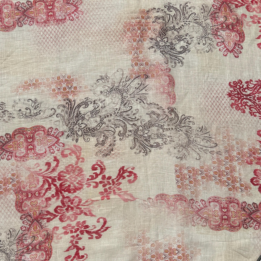 100% Lightweight Linen Voile Cream, Red Japanese Patterned Floral by the Yard - Fabric for Sewing, Crafts, and Dressmaking.
