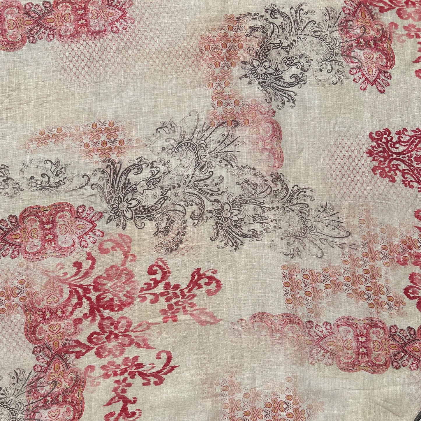 100% Lightweight Linen Voile Cream, Red Japanese Patterned Floral by the Yard - Fabric for Sewing, Crafts, and Dressmaking.