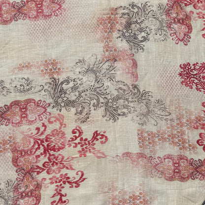 100% Lightweight Linen Voile Cream, Red Japanese Patterned Floral by the Yard - Fabric for Sewing, Crafts, and Dressmaking.
