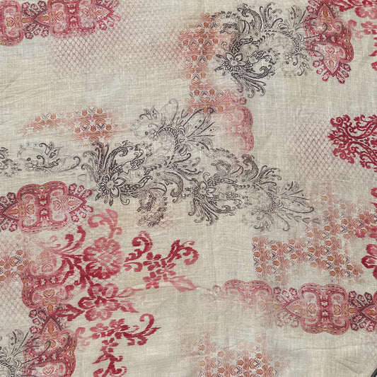 100% Lightweight Linen Voile Cream, Red Japanese Patterned Floral by the Yard - Fabric for Sewing, Crafts, and Dressmaking.