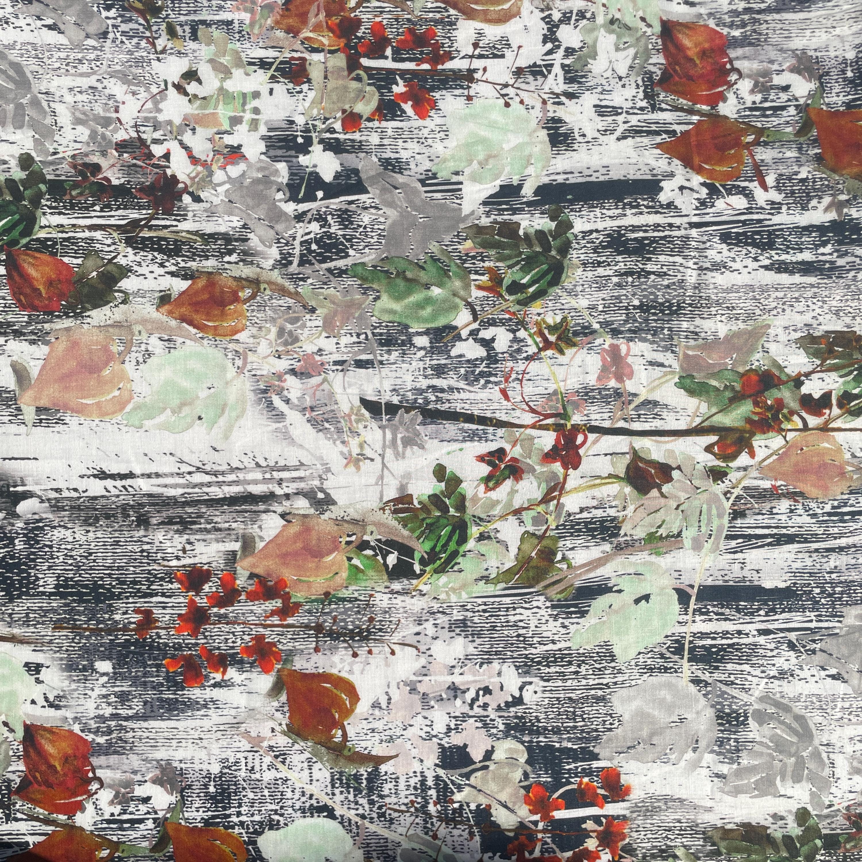 100% Linen Lightweight Japanese Leaf Camoflauge Patterned Floral, Linen Voile by the Yard - Fabric for Sewing, Crafts, and Dressmaking