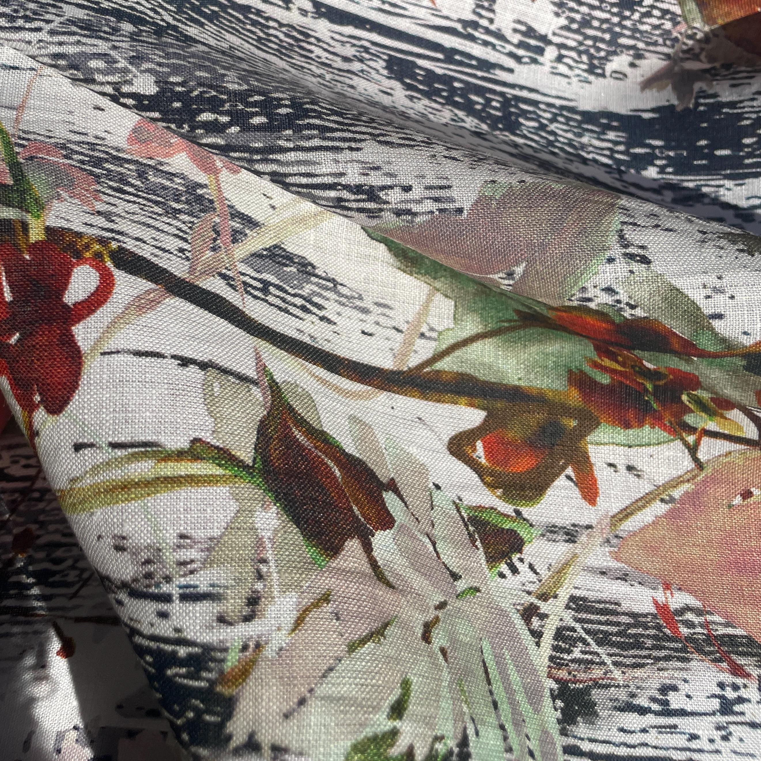 100% Linen Lightweight Japanese Leaf Camoflauge Patterned Floral, Linen Voile by the Yard - Fabric for Sewing, Crafts, and Dressmaking