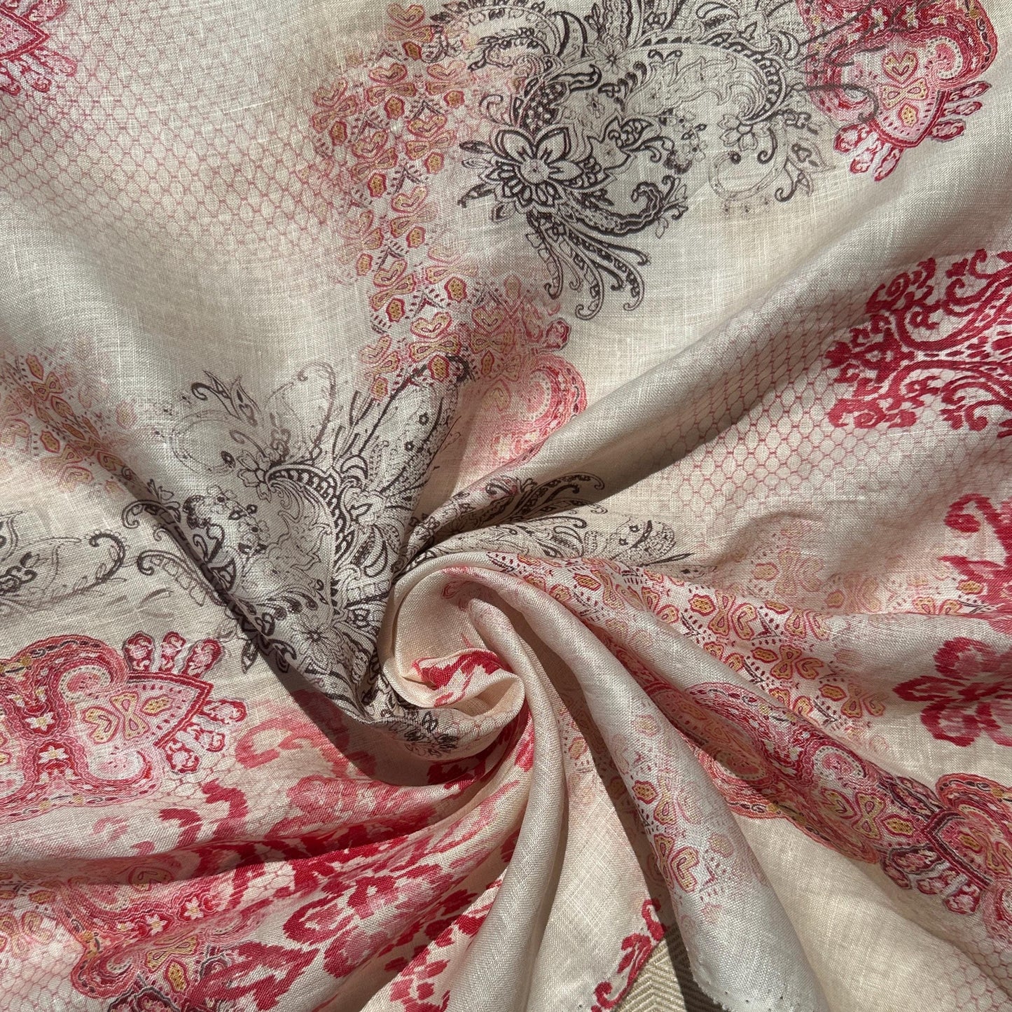 100% Lightweight Linen Voile Cream, Red Japanese Patterned Floral by the Yard - Fabric for Sewing, Crafts, and Dressmaking.