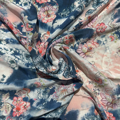 100% Silk Japanese Lightweight Denim Blue, Pink Floral Silk Fabric by the Yard - Luxury Material for Sewing, Dressmaking, and Crafts